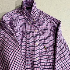 Large Ralph Lauren long sleeve button-up dress shirt. Cotton. Navy and pink.
